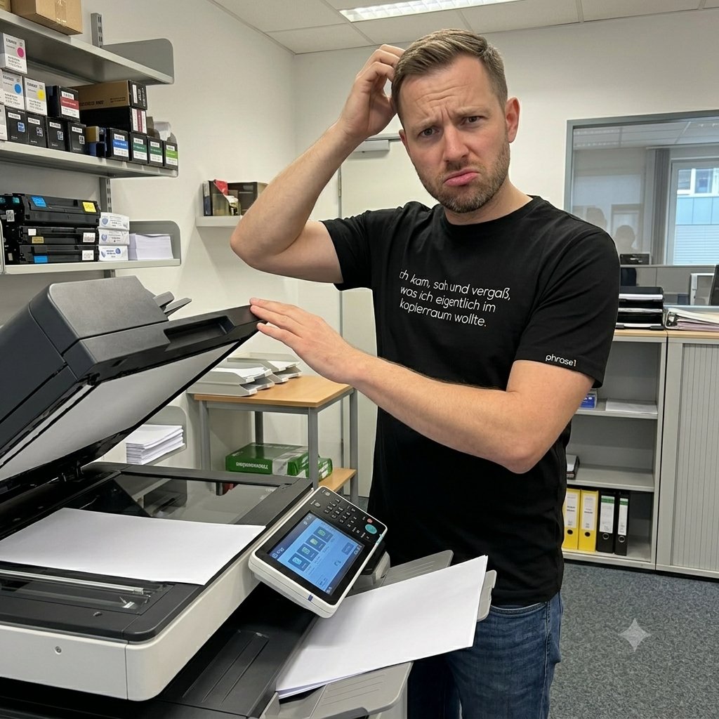 Premium T-Shirt mit Spruch "ich kam, sah und vergaß, was ich eigentlich im kopierraum wollte."