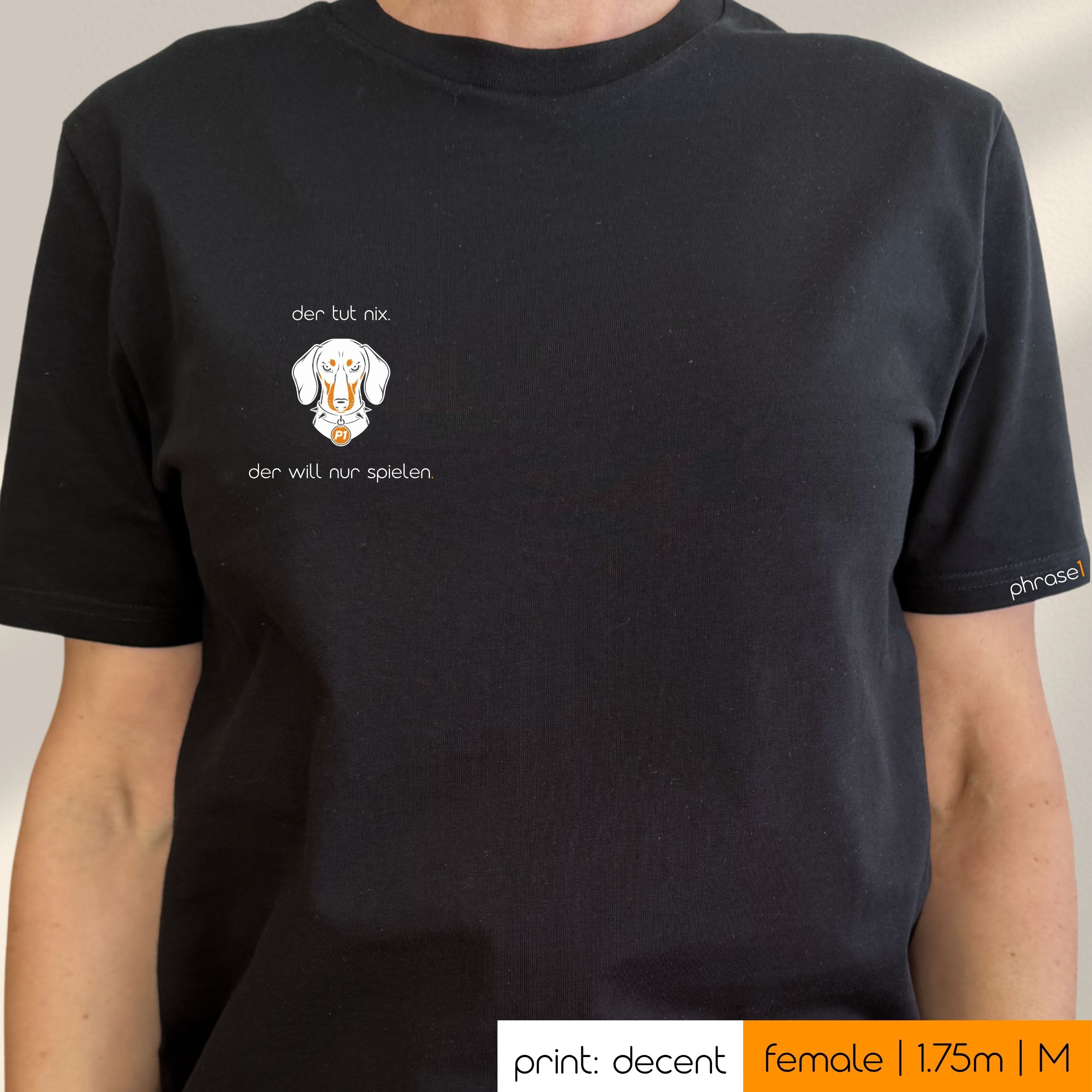 Premium T-Shirt mit Visual Dackel und Spruch „der tut nix. der will nur spielen.“