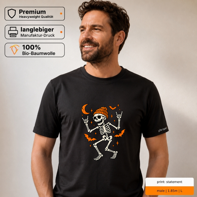 Premium T-Shirt „Halloween Skelett mit Mütze.“ Premium T-Shirt „Halloween Skelett mit Mütze.“