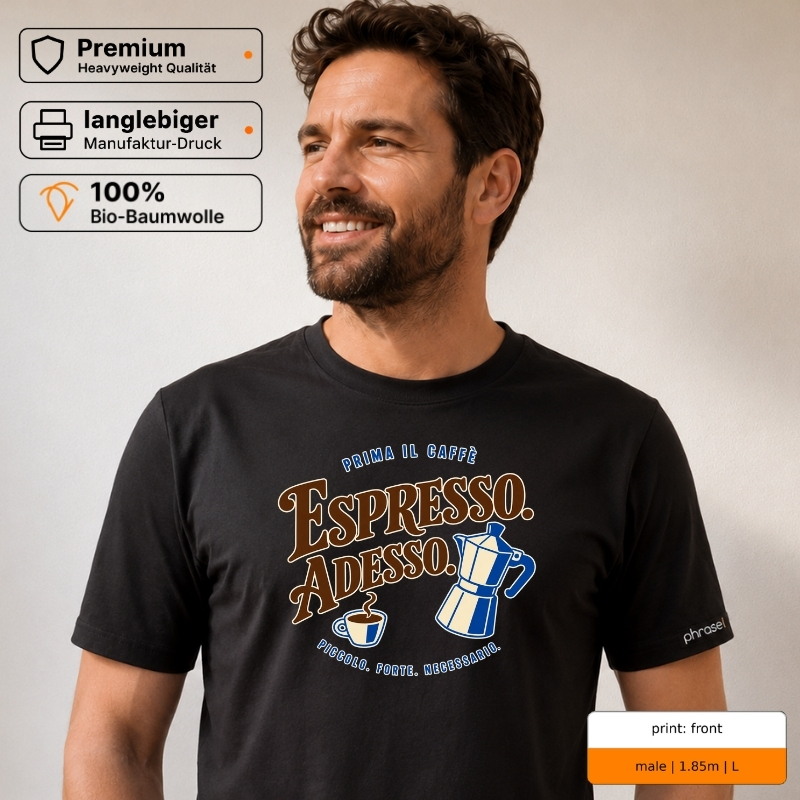 Premium T-Shirt mit „ESPRESSO. ADESSO.“ Italo-Motiv und Backprint „la dolce vita“
