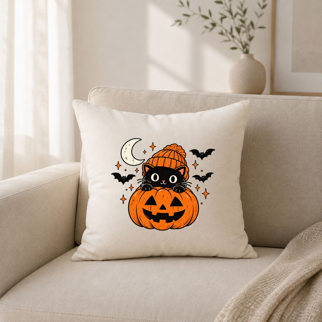 Kissenhülle „Halloween Katze im Kürbis.“ Kissenhülle „Halloween Katze im Kürbis.“
