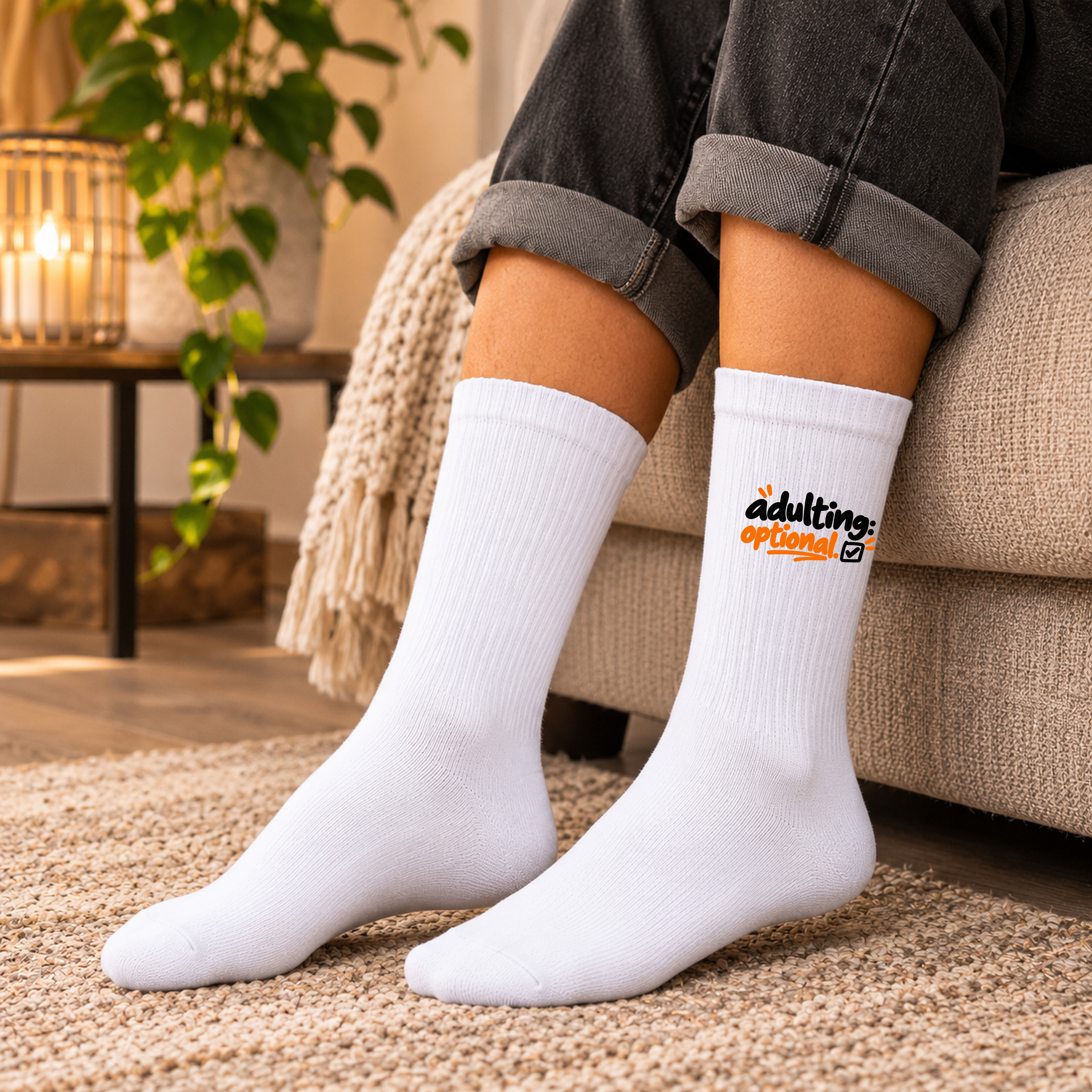 Weiße Crew-Socken „adulting optional.“ Weiße Crew-Socken „adulting optional.“