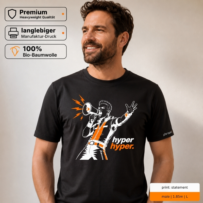 Premium T-Shirt „hyper hyper.“ mit 90s-Rave-Motiv Premium T-Shirt „hyper hyper.“ mit 90s-Rave-Motiv