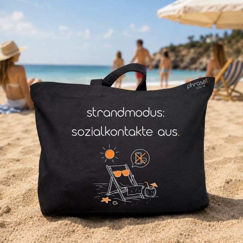 Premium Shopper mit Spruch „strandmodus: sozialkontakte aus.“ und Visual.