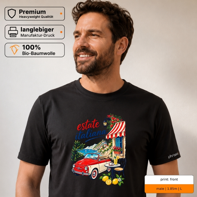 Premium T-Shirt mit „estate italiana.“ Italo-Motiv und Backprint „la dolce vita“ Premium T-Shirt mit „estate italiana.“ Italo-Motiv und Backprint „la dolce vita“