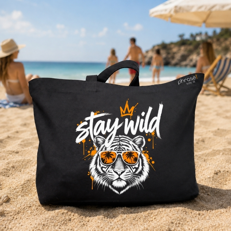 Beach Bag / Big Shopper mit „stay wild.“ Tiger-Motiv