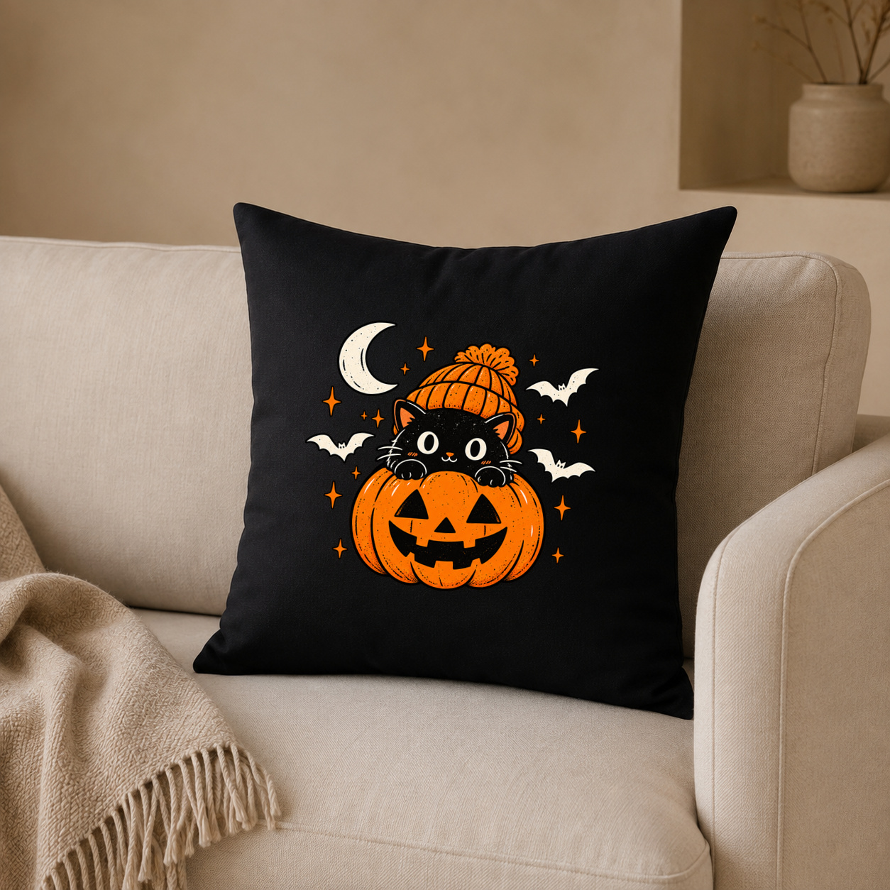 Kissenhülle „Halloween Katze im Kürbis.“ Kissenhülle „Halloween Katze im Kürbis.“