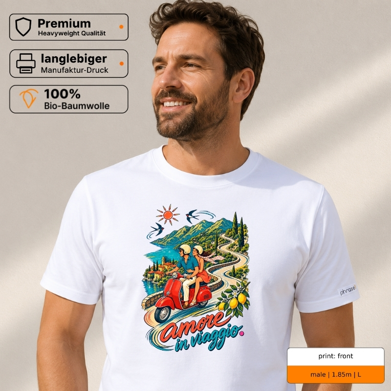 Premium T-Shirt mit „amore in viaggio.“ Italo-Motiv und Backprint „la dolce vita“