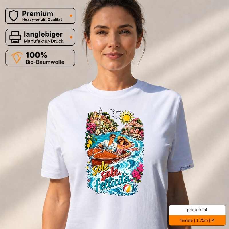 Premium T-Shirt mit „sole. sale. felicità.“ Italo-Motiv und Backprint „la dolce vita“