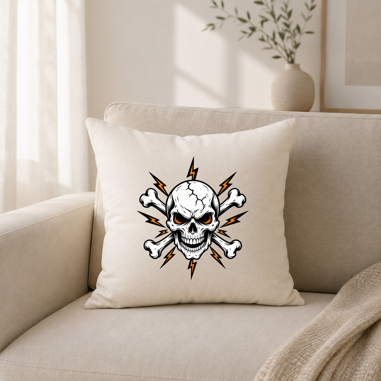 Kissenhülle "Totenkopf mit gekreuzten Knochen und Blitzen" Kissenhülle "Totenkopf mit gekreuzten Knochen und Blitzen"