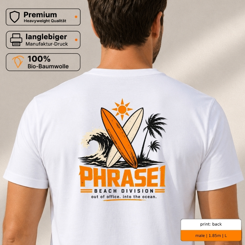 Premium T-Shirt „PHRASE1 BEACH DIVISION“ mit Surf-Rückenprint Premium T-Shirt „PHRASE1 BEACH DIVISION“ mit Surf-Rückenprint