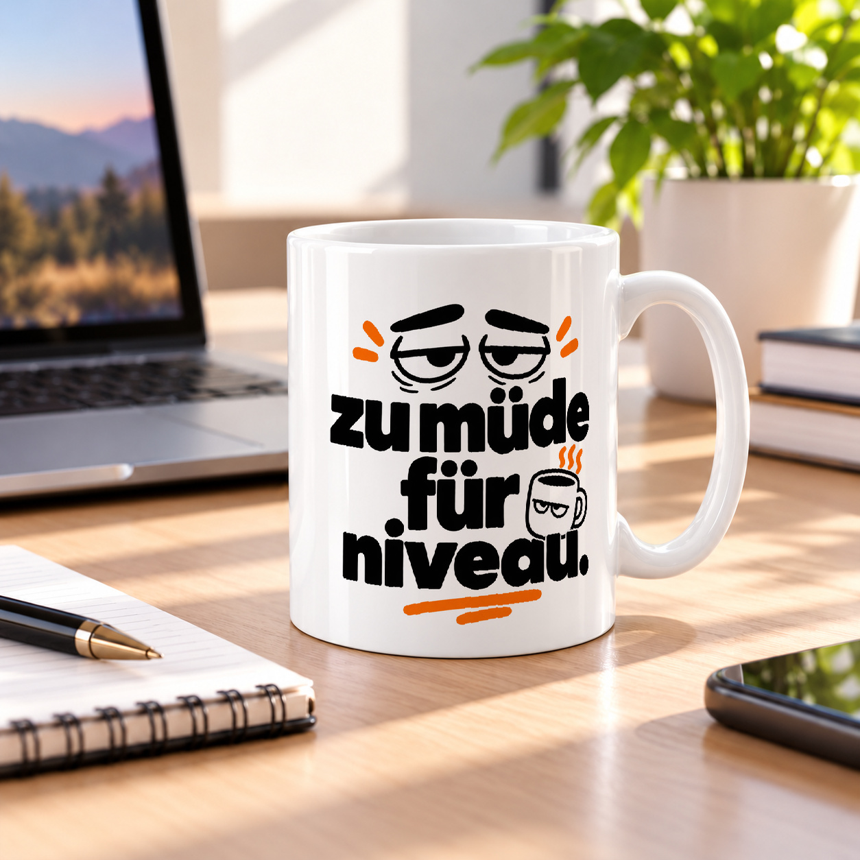 Tasse „zu müde für niveau.“ Tasse „zu müde für niveau.“