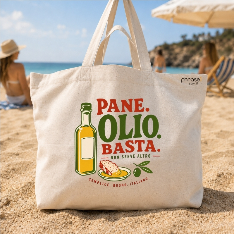 Beach Bag / Big Shopper mit „PANE. OLIO. BASTA.“ Italo-Motiv