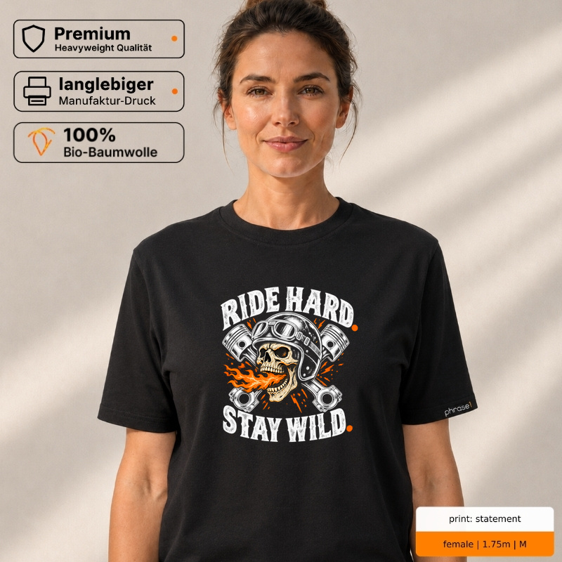 Premium T-Shirt „ride hard. stay wild.“ – Biker Skull Premium T-Shirt „ride hard. stay wild.“ – Biker Skull