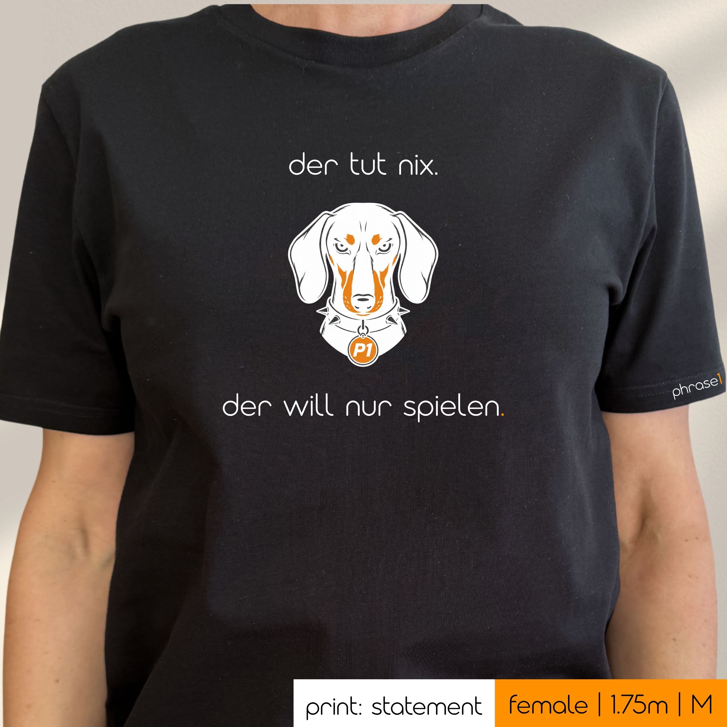 Premium T-Shirt mit Visual Dackel und Spruch „der tut nix. der will nur spielen.“