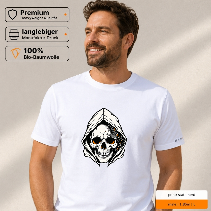 Premium T-Shirt "Totenkopf mit Kapuze und Spinnennetz"