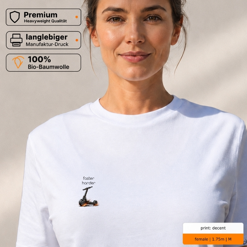 Premium T-Shirt „faster harder“ mit E-Scooter-Motiv