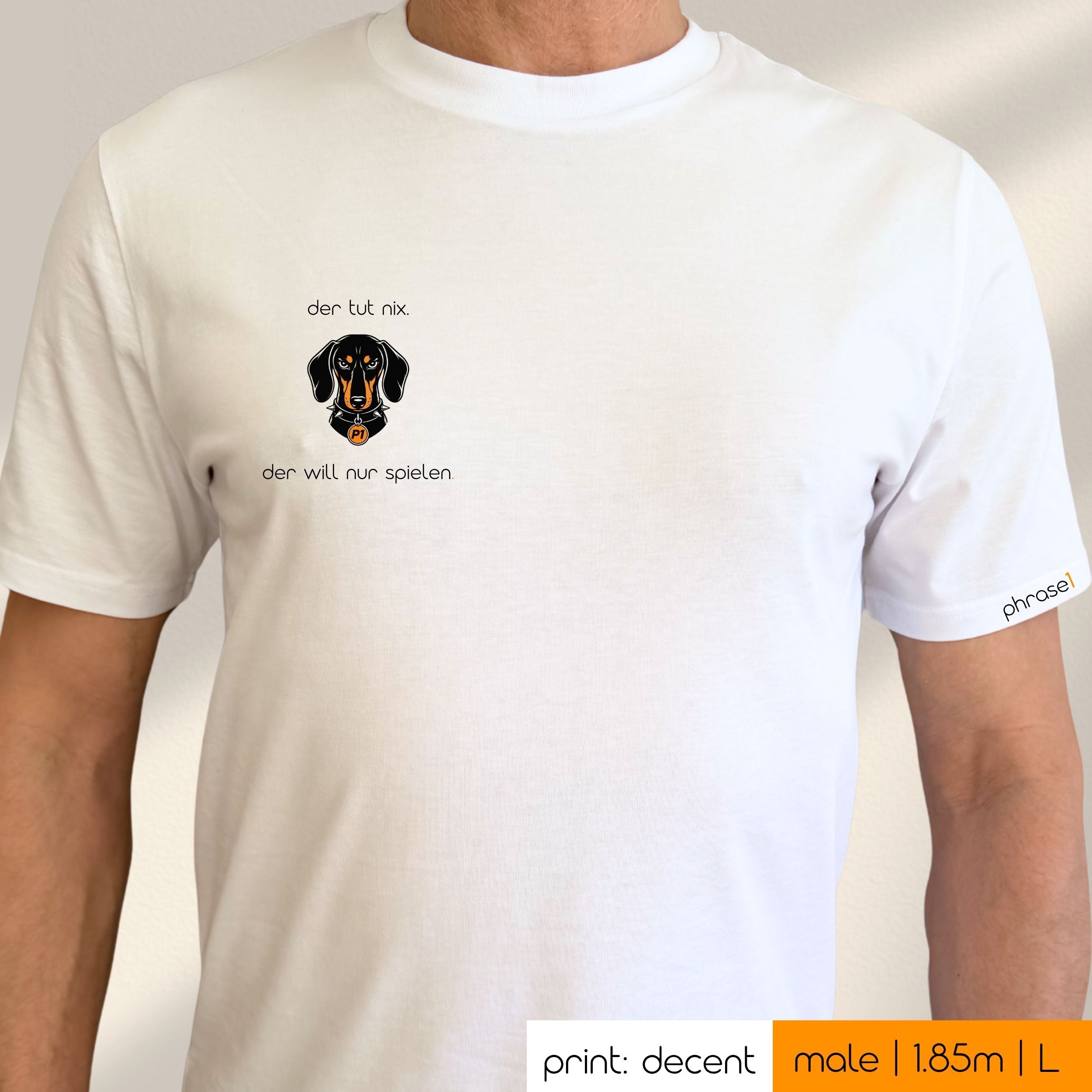 Premium T-Shirt mit Visual Dackel und Spruch „der tut nix. der will nur spielen.“