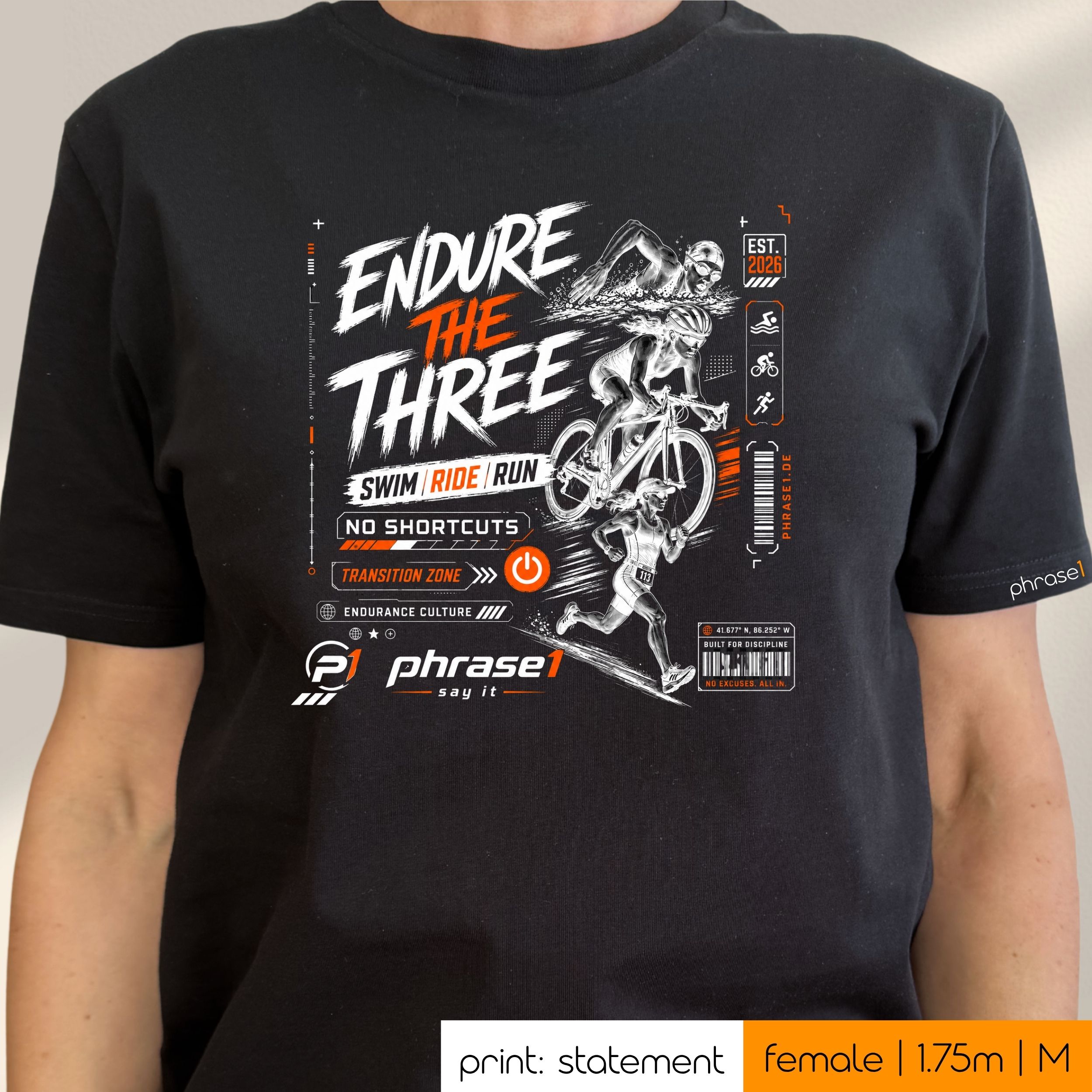 Premium T-Shirt mit Visual "ENDURE THE THREE - SWIM RIDE RUN" p1 urban sportswear Premium T-Shirt mit Visual "ENDURE THE THREE - SWIM RIDE RUN" p1 urban sportswear