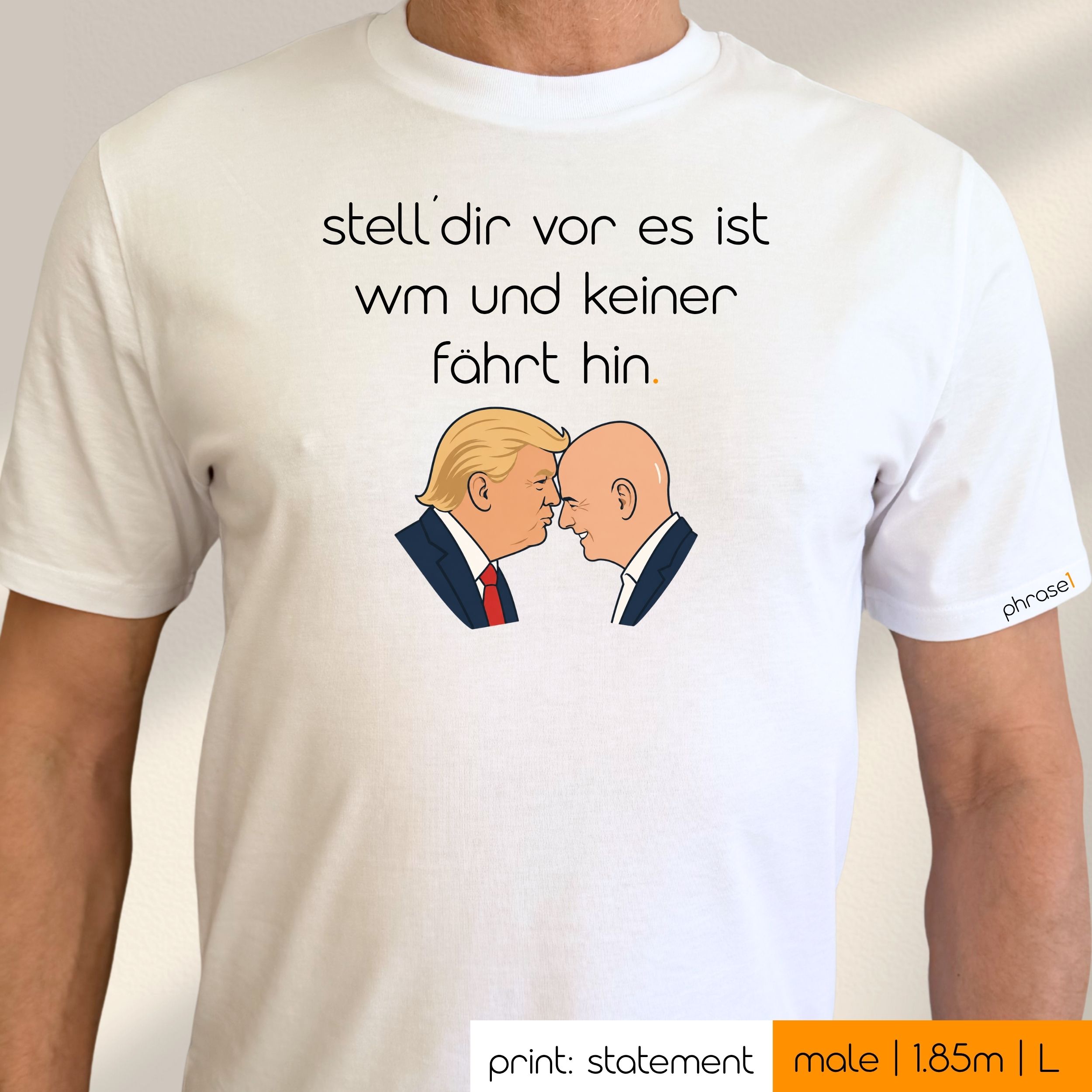 Premium T-Shirt mit Spruch "stell´dir vor es ist wm und keiner fährt hin" und Visual Trump-Infantino