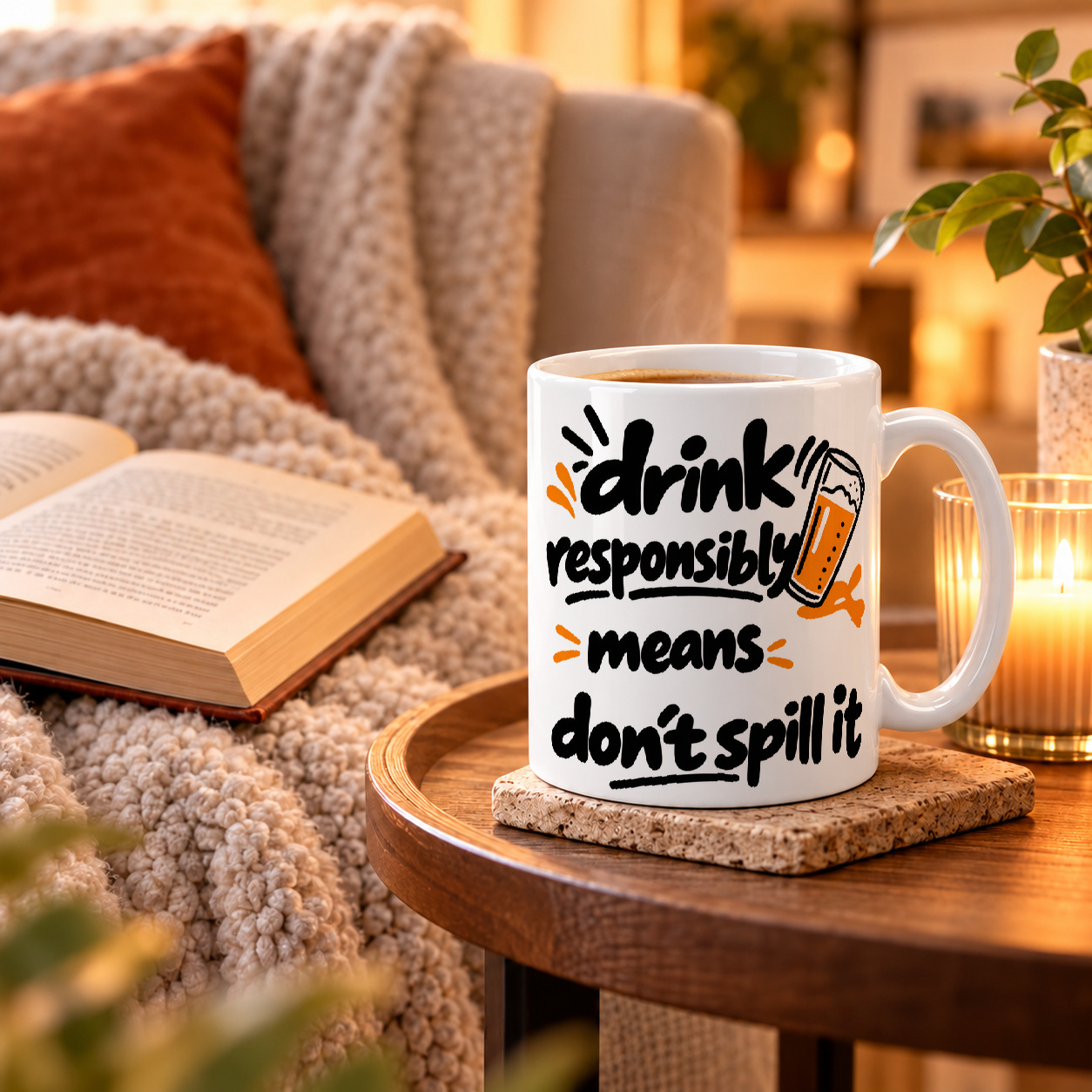Tasse „drink responsibly means don't spill it.“