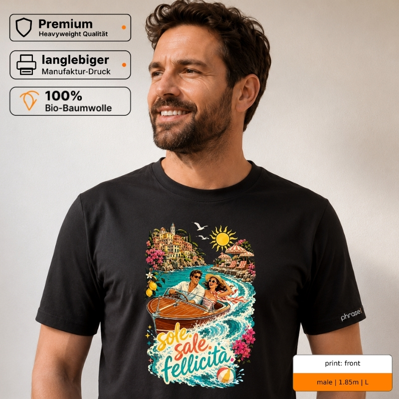 Premium T-Shirt mit „sole. sale. felicità.“ Italo-Motiv und Backprint „la dolce vita“