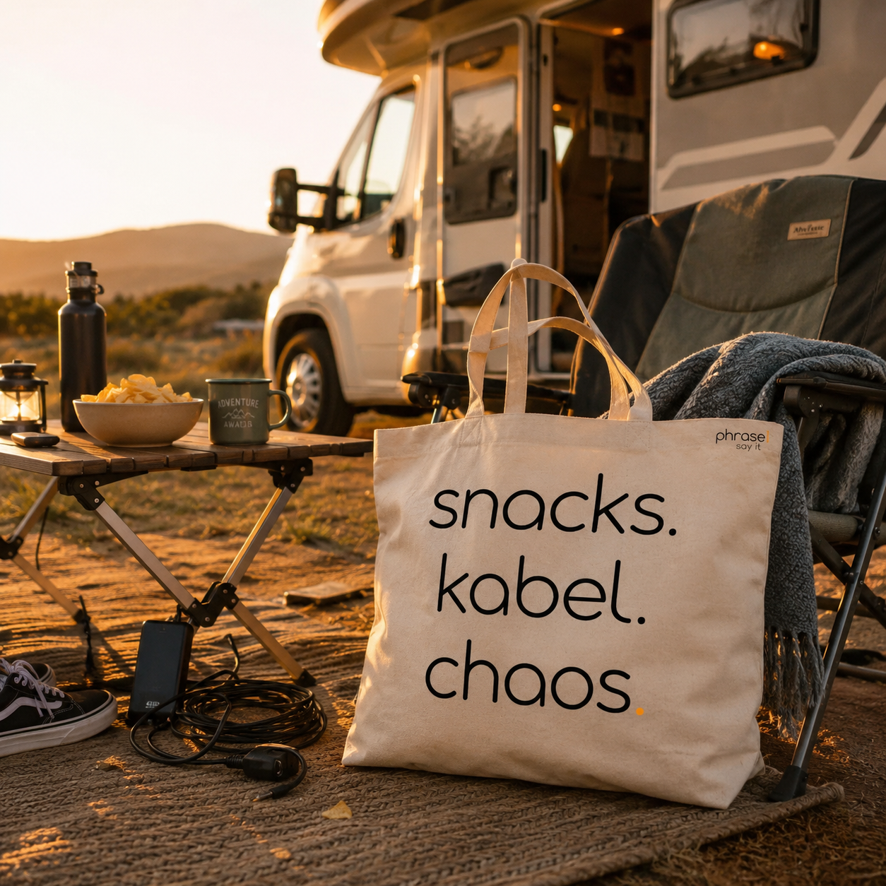 Premium Shopper mit Spruch „snacks. kabel. chaos."