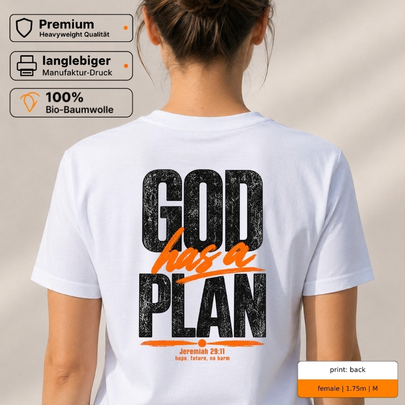 Premium T-Shirt „God has a plan“ mit Front- und Backprint
