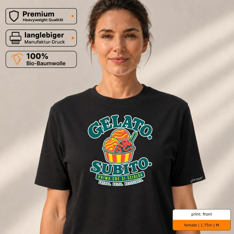 Premium T-Shirt mit „GELATO. SUBITO.“ Italo-Motiv und Backprint „la dolce vita“
