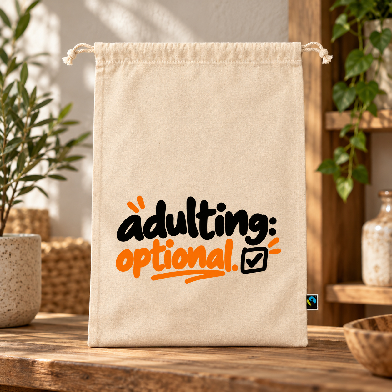 Zuziehbeutel „adulting optional.“ Zuziehbeutel „adulting optional.“