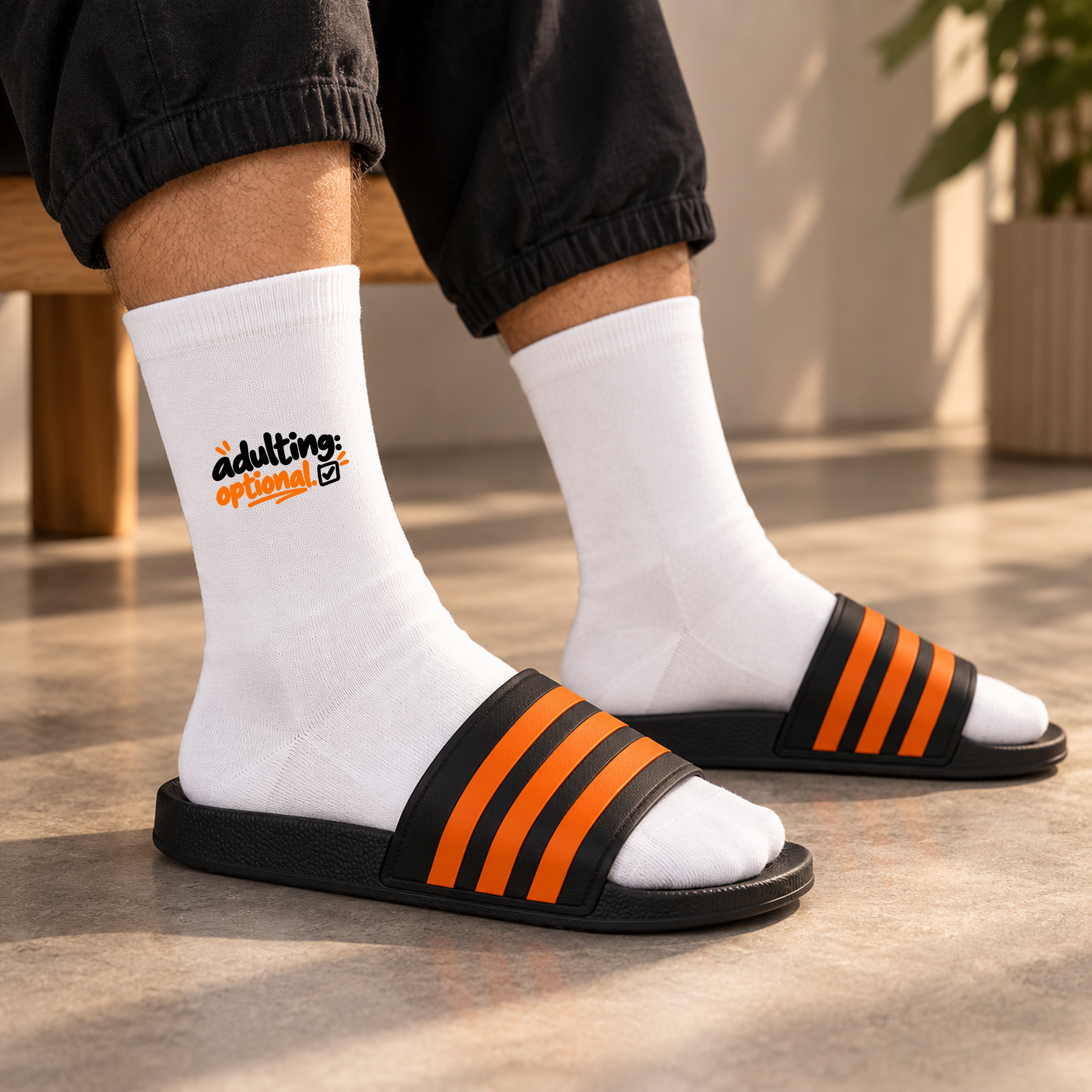 Weiße Crew-Socken „adulting optional.“ Weiße Crew-Socken „adulting optional.“