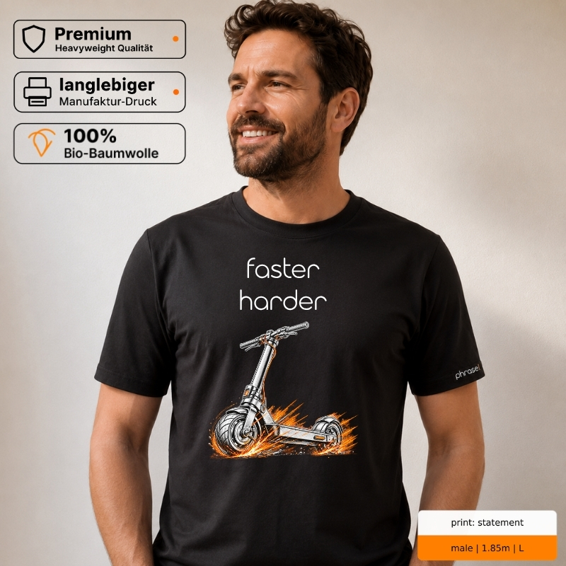 Premium T-Shirt „faster harder“ mit E-Scooter-Motiv