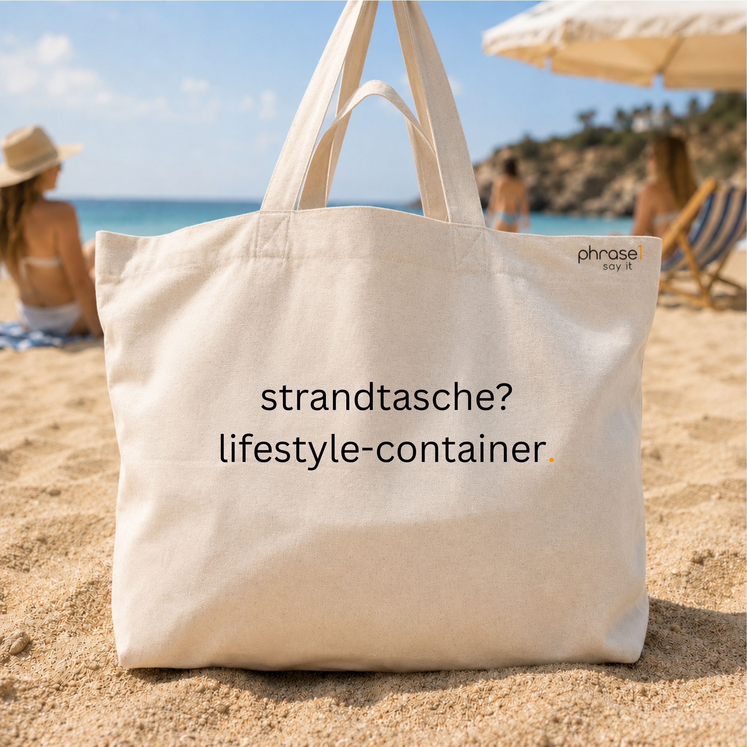 Premium Shopper mit Spruch „strandtasche? lifestyle-container.“ Premium Shopper mit Spruch „strandtasche? lifestyle-container.“