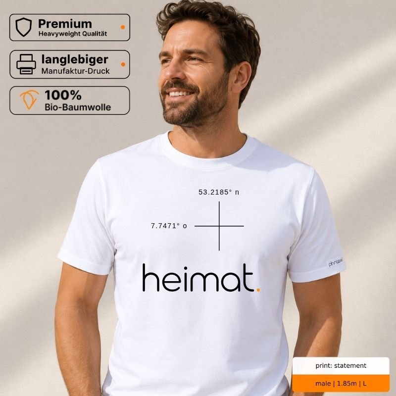 Premium T-Shirt mit „heimat.“ Koordinaten-Motiv für Frühtanz Tange Premium T-Shirt mit „heimat.“ Koordinaten-Motiv für Frühtanz Tange