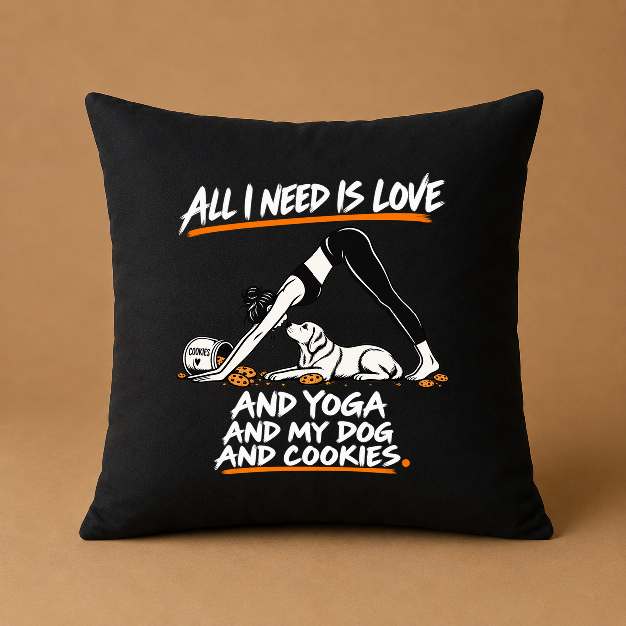Kissenhülle "ALL I NEED IS LOVE AND YOGA AND MY DOG AND COOKIES."