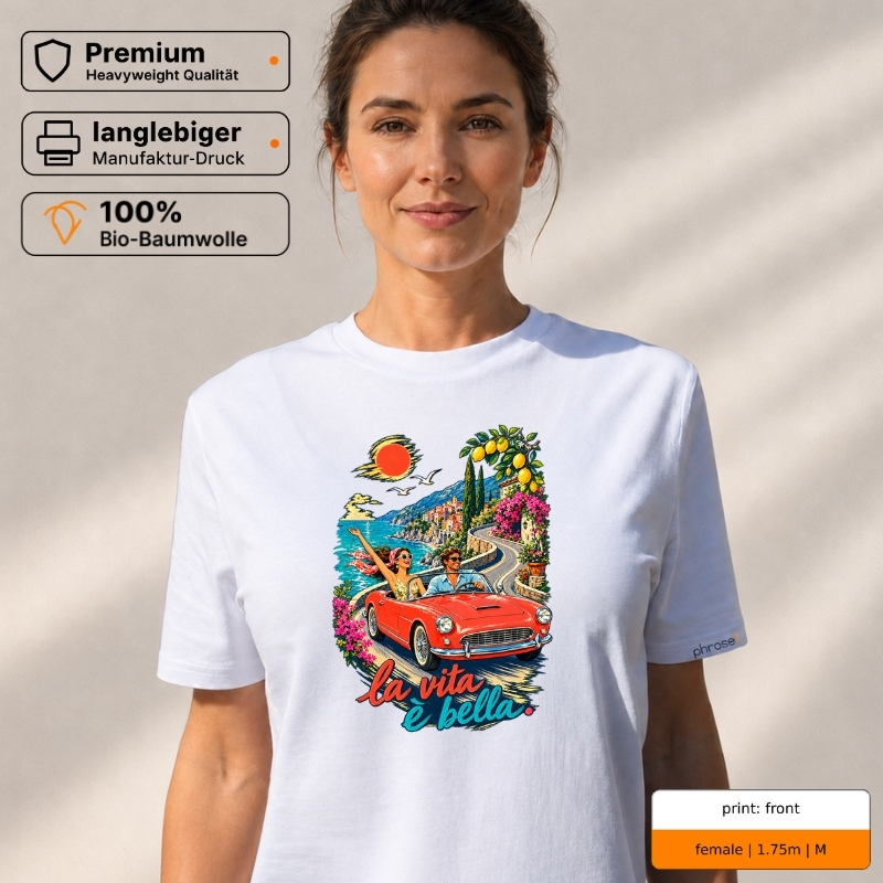 Premium T-Shirt mit „la vita è bella.“ Italo-Motiv und Backprint „la dolce vita“