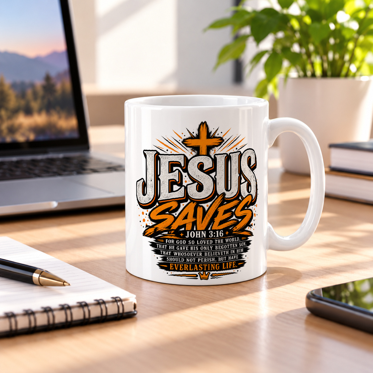Tasse „Jesus Saves – John 3:16.“