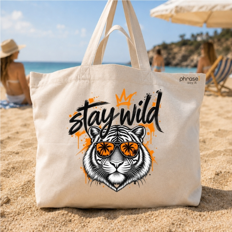 Beach Bag / Big Shopper mit „stay wild.“ Tiger-Motiv