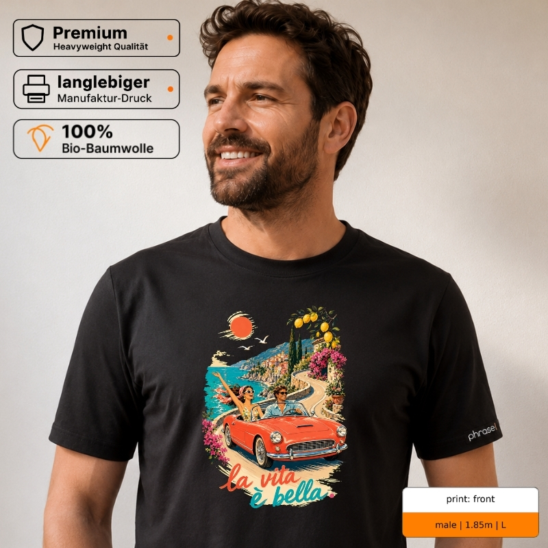 Premium T-Shirt mit „la vita è bella.“ Italo-Motiv und Backprint „la dolce vita“