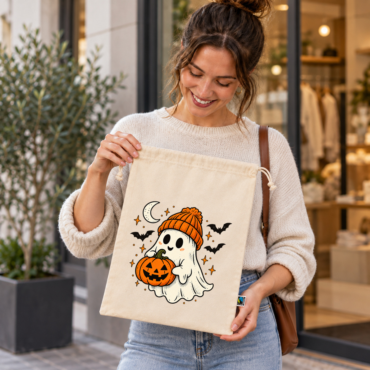 Zuziehbeutel „Halloween Geist mit Kürbis.“ Zuziehbeutel „Halloween Geist mit Kürbis.“