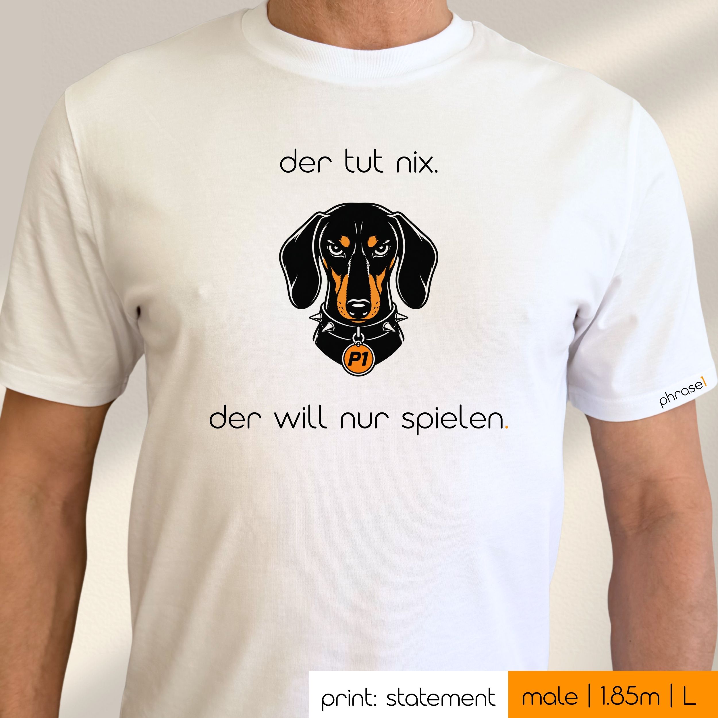 Premium T-Shirt mit Visual Dackel und Spruch „der tut nix. der will nur spielen.“