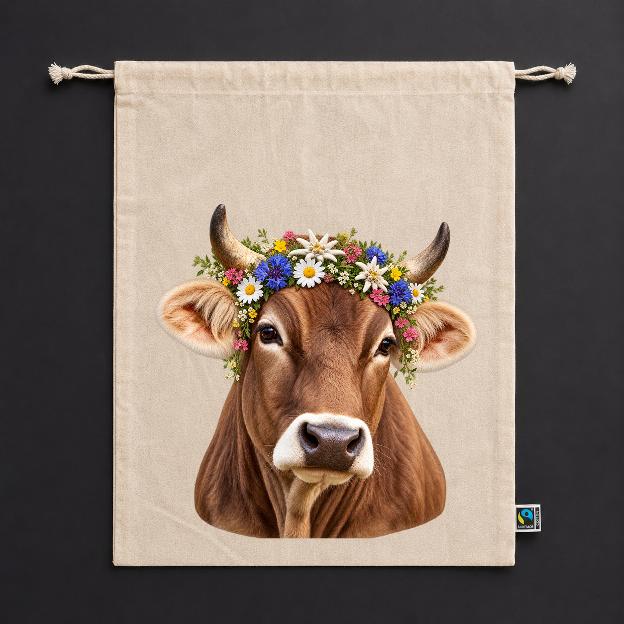 Zuziehbeutel "Allgäuer Braunvieh mit Blumenkranz" Zuziehbeutel "Allgäuer Braunvieh mit Blumenkranz"
