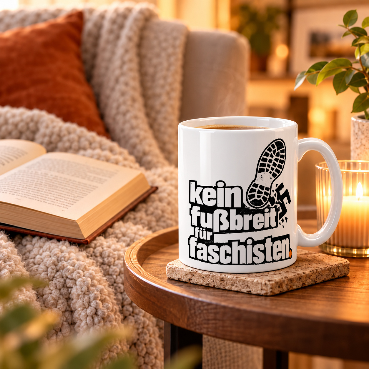 Tasse „kein fußbreit für faschisten.“