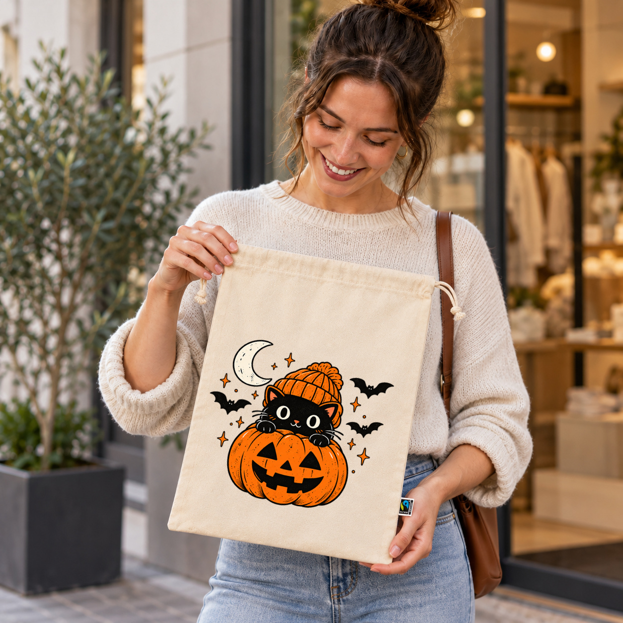 Zuziehbeutel „Halloween Katze im Kürbis.“