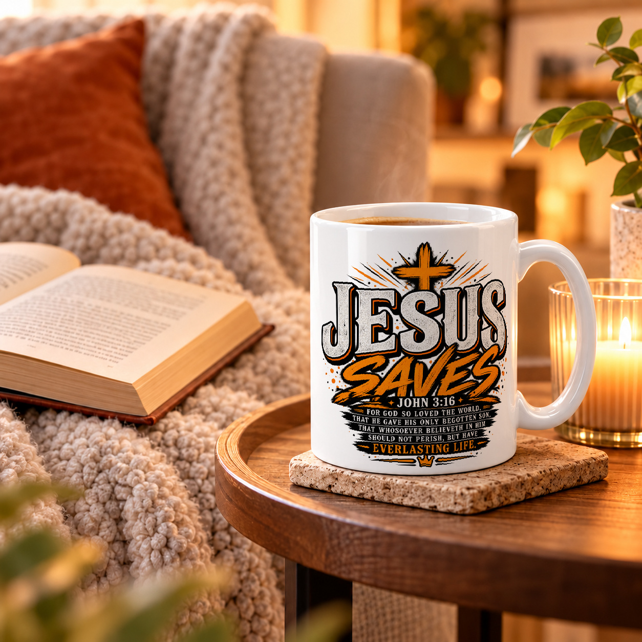 Tasse „Jesus Saves – John 3:16.“