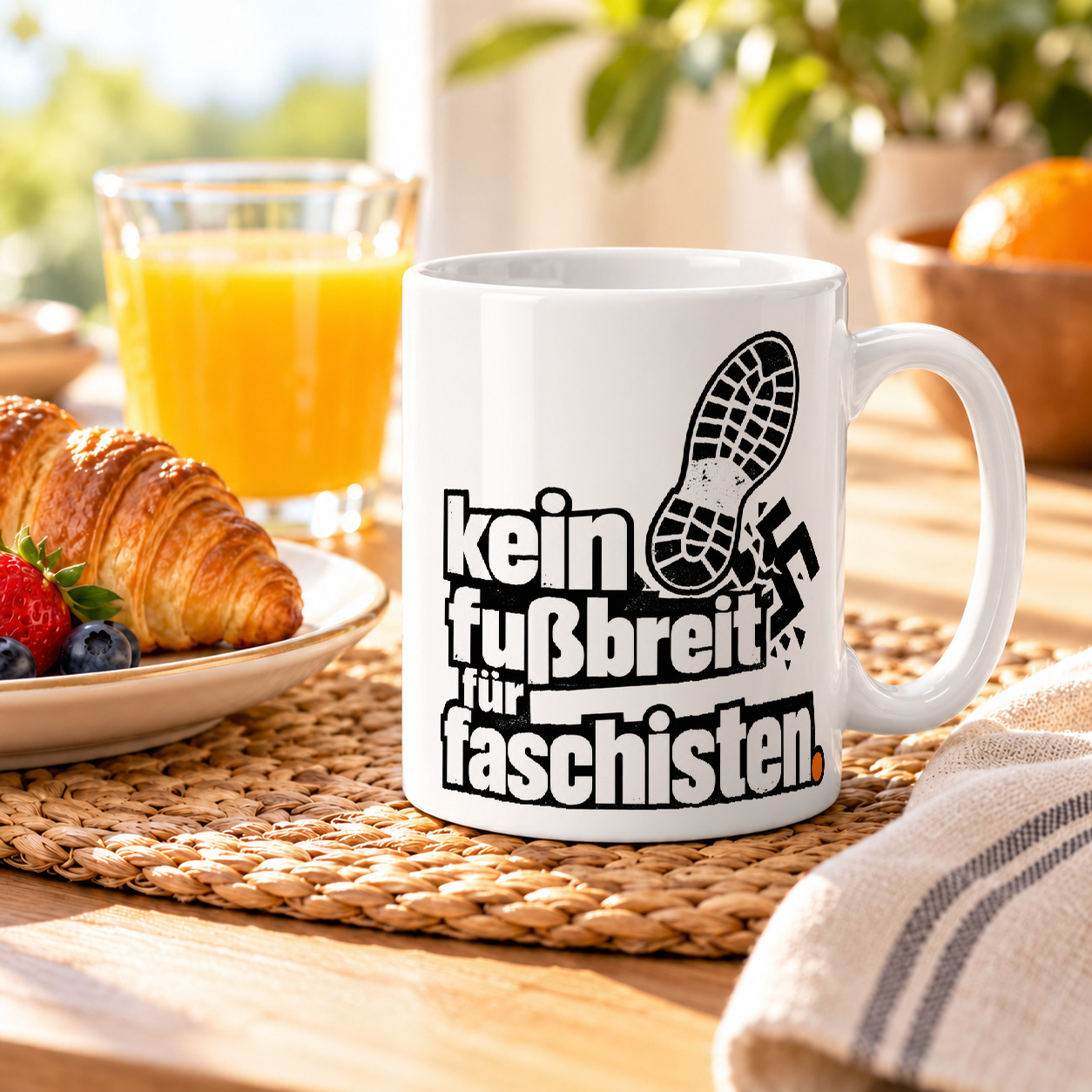 Tasse „kein fußbreit für faschisten.“