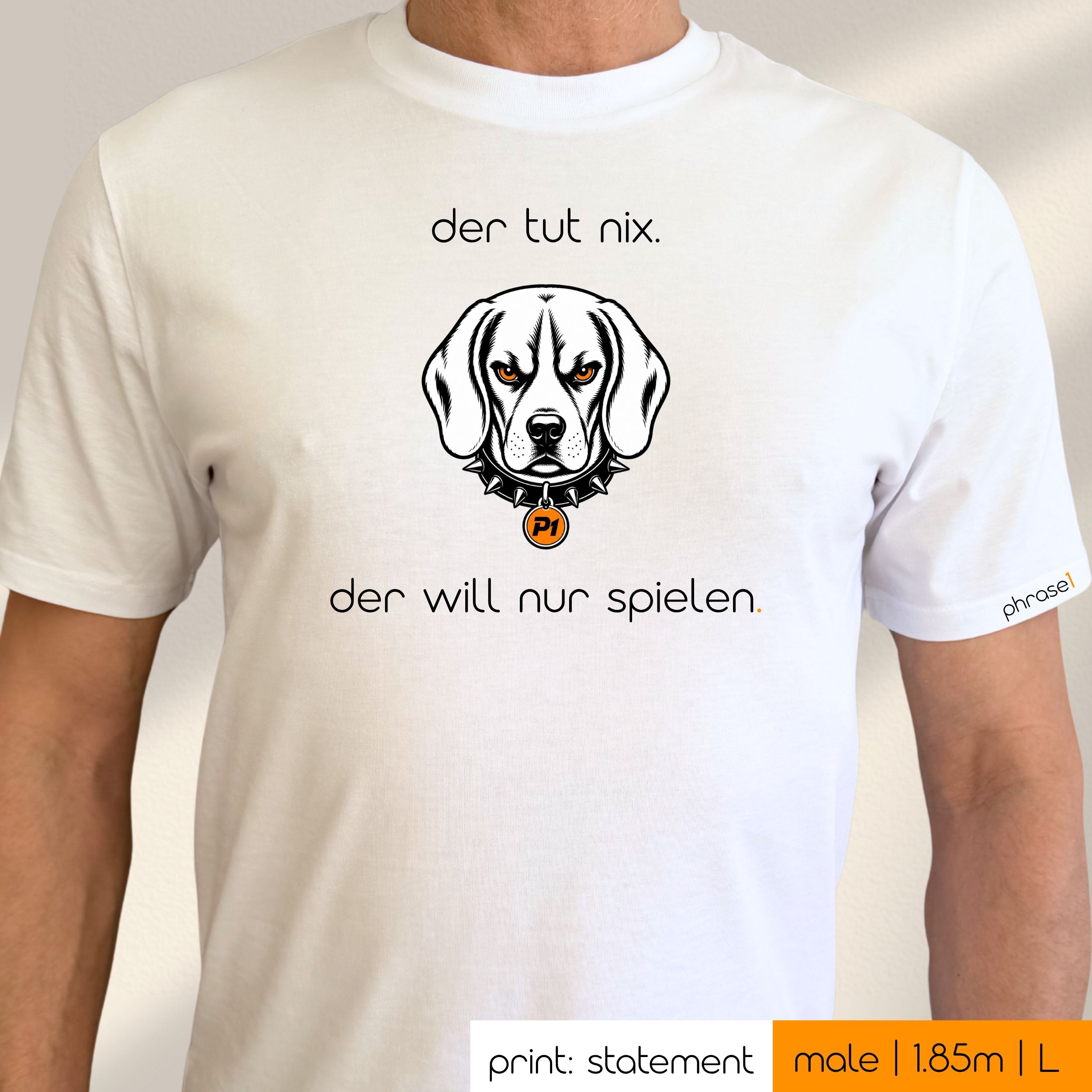 Premium T-Shirt mit Visual Beagle und Spruch „der tut nix. der will nur spielen.“