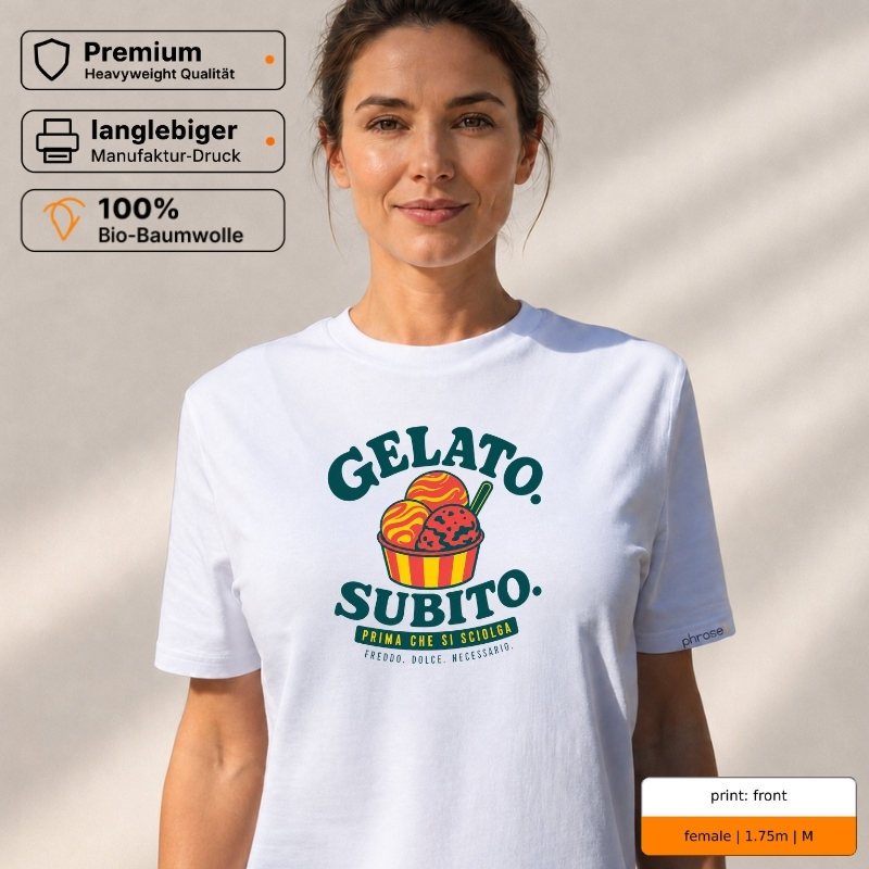 Premium T-Shirt mit „GELATO. SUBITO.“ Italo-Motiv und Backprint „la dolce vita“