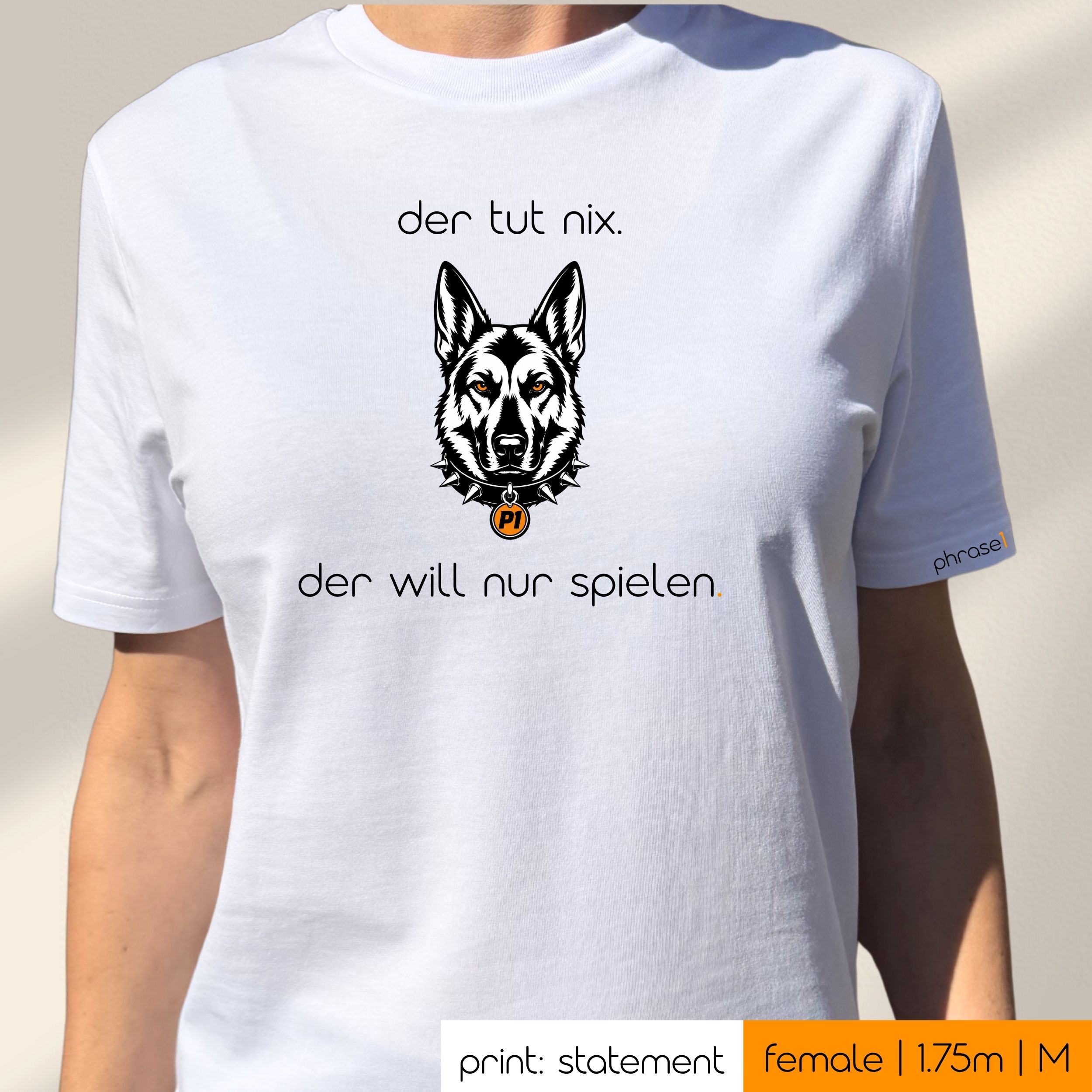 Premium T-Shirt mit Visual Schäferhund und Spruch „der tut nix. der will nur spielen.“