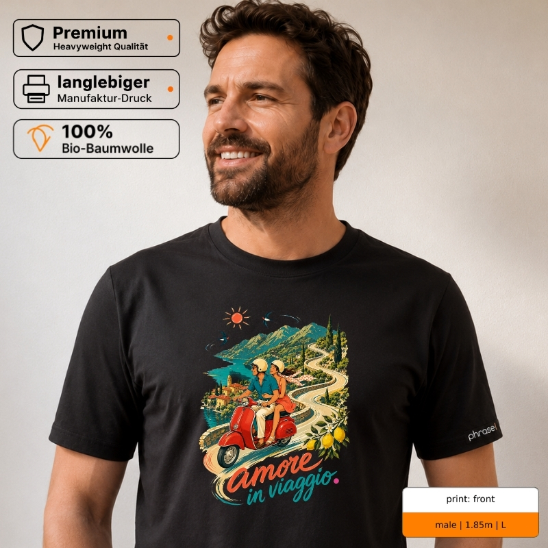 Premium T-Shirt mit „amore in viaggio.“ Italo-Motiv und Backprint „la dolce vita“